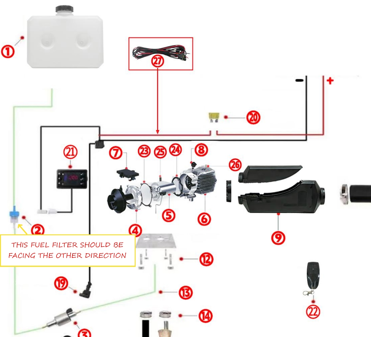 VEVOR diesel heater installation diagram with annotation showing the fuel filter is drawn facing the wrong direction