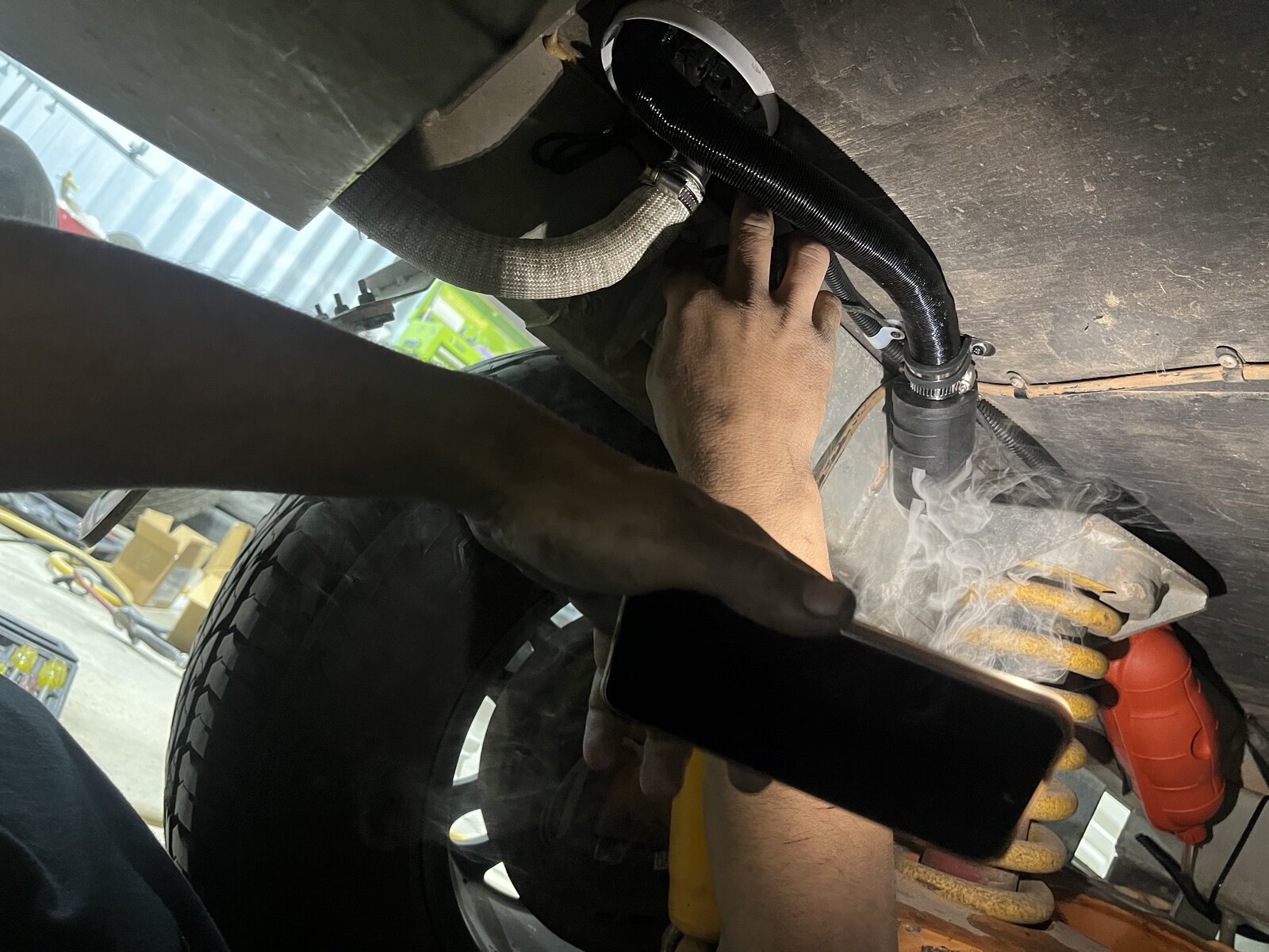 Diesel fuel leak under caravan from failed fuel line connection flooding the heater