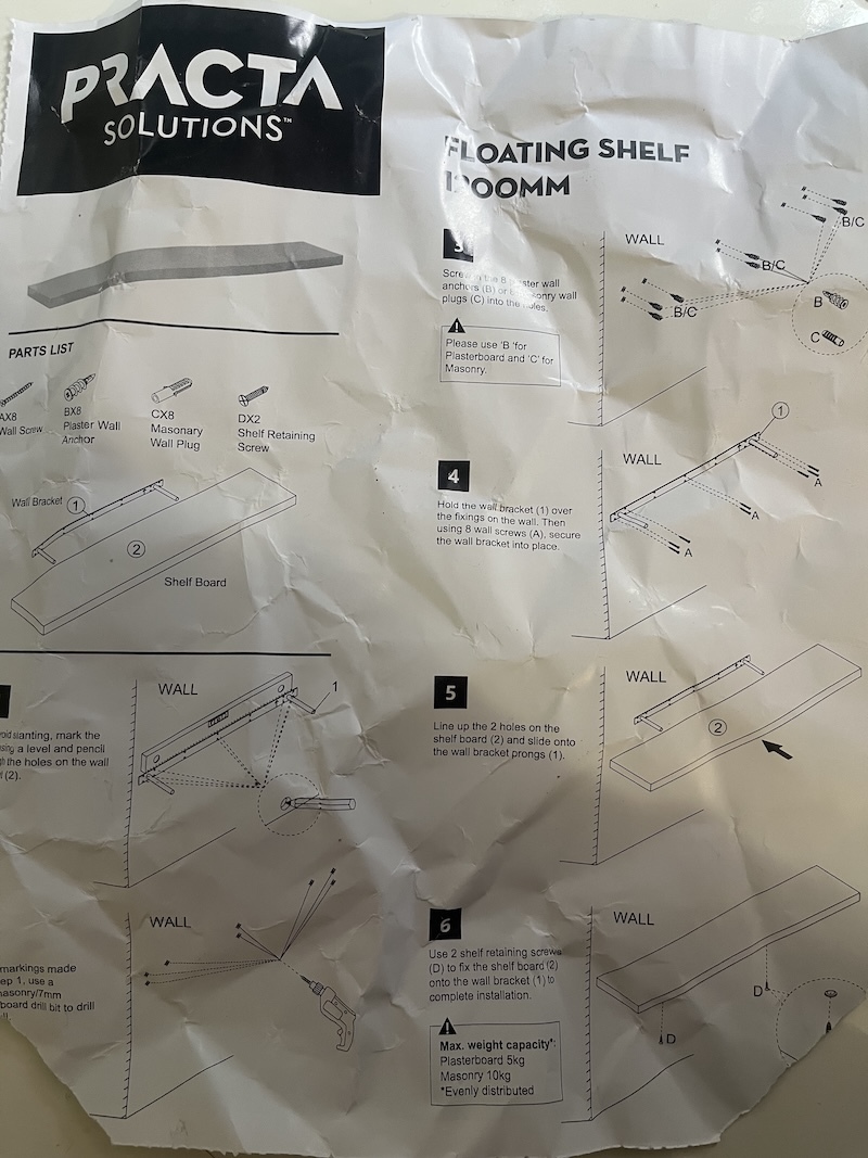Practa floating shelf instruction sheet showing the parts list and install steps
